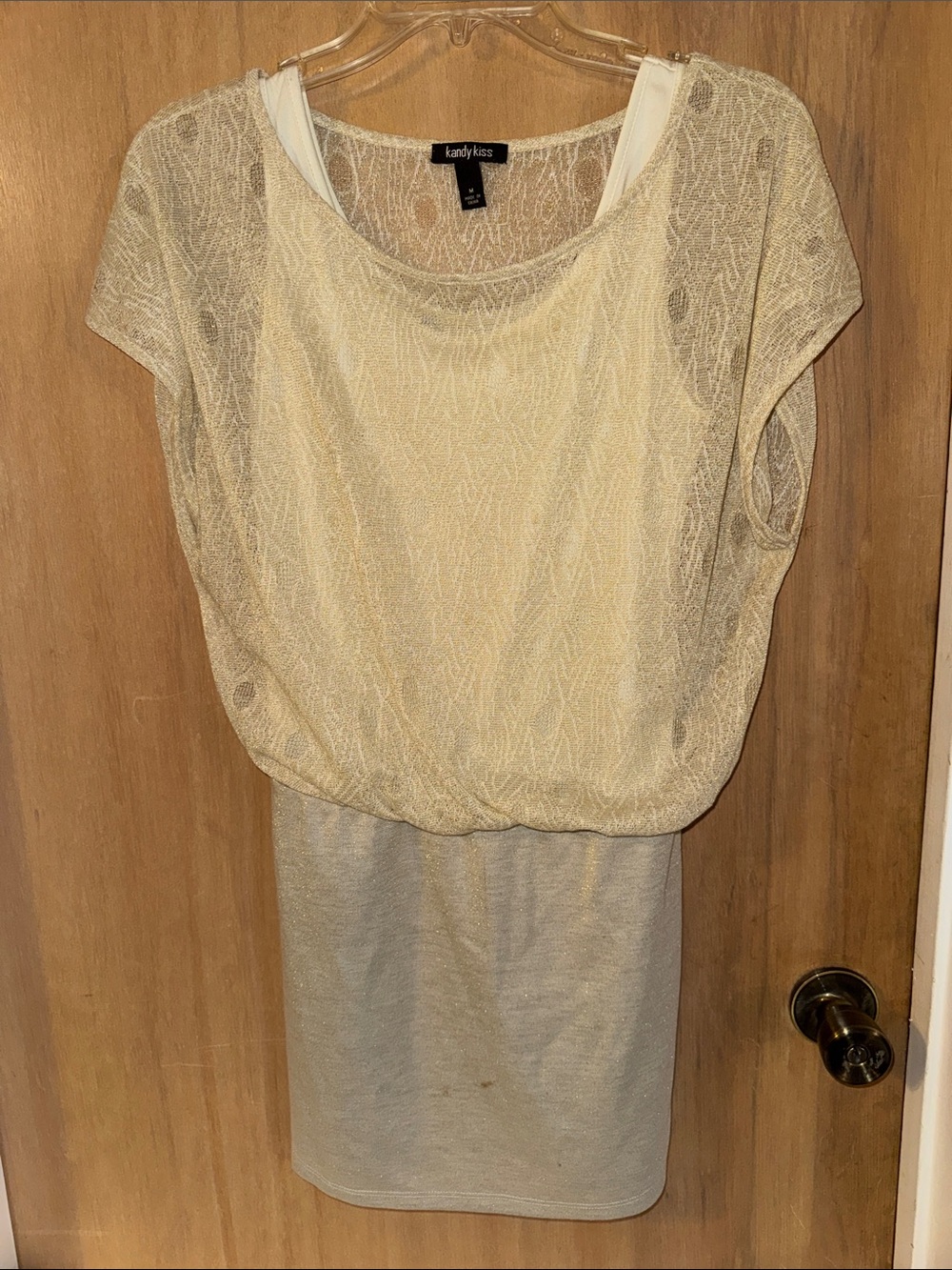Kandy Kiss Gold Shimmery Lace Overlay Draped Top Dress Junior’s Medium